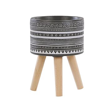 Flower Pot Grey ⌀ 21 Cm In Magnesium White Hand Painted Pattern 3 Legs In Beech Wood Round Boho For Indoors And Outdoors Beliani