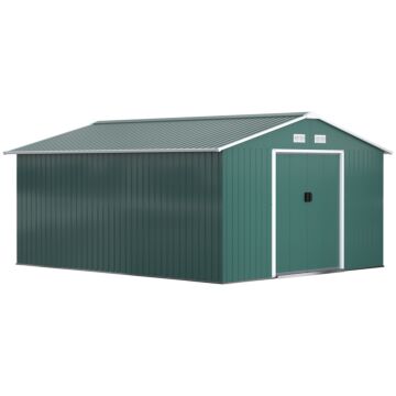 Outsunny 13 X 11 Ft Metal Garden Shed Large Patio Roofed Tool Storage Box With Ventilation And Sliding Door, Deep Green
