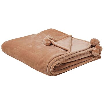 Blanket Brown Throw 200 X 220 With Pom Poms Soft Coverlet Bedspread Beliani
