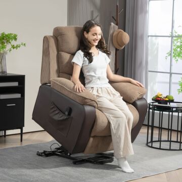 Homcom Power Lift Recliner Chair For Elderly, Patchwork Design Oversized Electric Riser And Recliner Armchair For Living Room With Remote Control And 2 Side Pockets, Brown