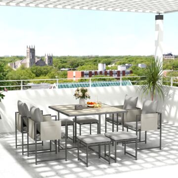 Outsunny 9 Piece Garden Dining Set, Cube Outdoor Garden Furniture Set With Cushions, 8 Seater Garden Table And Chairs With 4 Stools, Square Pspc Plastic Top Table, Side Pockets For Patio, Grey
