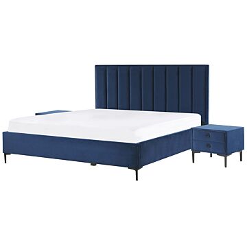 Bedroom Set Blue Velvet Eu Super King Size 6ft Bed With Storage 2 Bedside Tables Upholstered Beliani