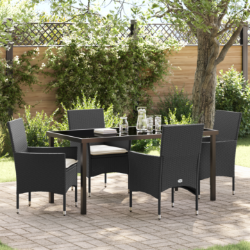 Vidaxl 5 Piece Garden Dining Set With Cushions Black Poly Rattan, Vidaxl Garden Table Black 160x80x73 Cm Tempered Glass