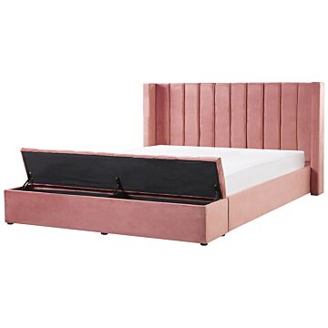 Eu Super King Size Panel Bed Pink Velvet 6ft Slatted Base High Headrest With Storage Bench Beliani