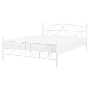 Eu King Size Panel Bed 5ft3 White Metal Frame Slatted Base Retro Beliani