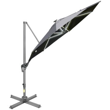 Outsunny 3m Cantilever Roma Parasol Adjustable Garden Sun Umbrella With Led Solar Light Cross Base Rotating Outdoor- Grey
