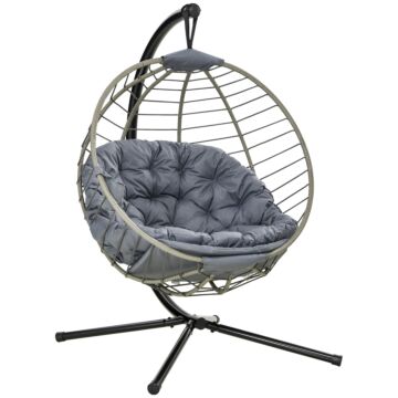 Outsunny Pe Rattan Swing Chair, Outdoor Hanging Chair With Metal Stand, Thick Padded Cushion, Foldable Basket And Cup Holder, For Indoor Outdoor Grey