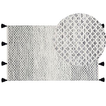 Rug Black And White Wool 80 X 150 Cm With Tassels Geometric Diamond Pattern Hand Woven Flatweave Beliani