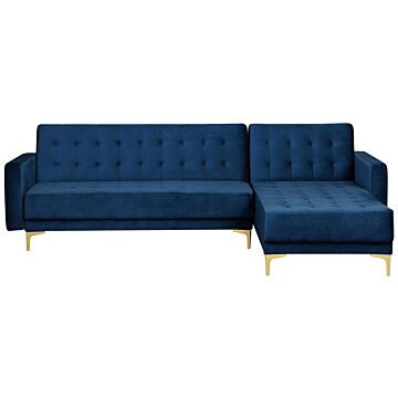 Corner Sofa Bed Navy Blue Velvet Tufted Fabric Modern L-shaped Modular 4 Seater Left Hand Chaise Longue Beliani