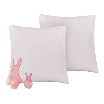 Set Of 2 Decorative Cushions White With Pink Cotton 45 X 45 Cm Rabbit Embroidery Pompom Tails Scatter Pillows Living Room Easter Bunny Beliani