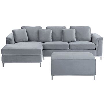 Corner Sofa Light Grey Velvet Upholstered With Ottoman L-shaped Right Hand Orientation Beliani