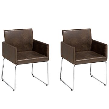 Set Of 2 Dining Chairs Dark Brown Fabric Chromed Metal Legs Modern Beliani