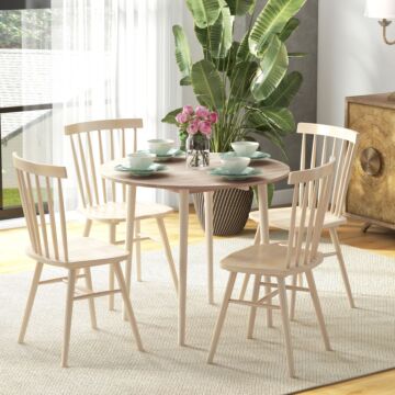 Homcom Folding Dining Table, Round Drop Leaf Table, Space Saving Small Kitchen Table With Wood Legs, Natural