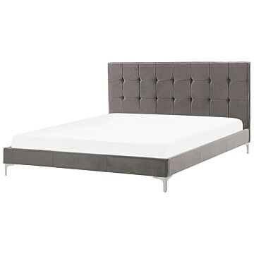 Bed Frame Grey Velvet Upholstery Eu Double Size 4ft6 With Sprung Slatted Base And Button-tufted Headboard Beliani