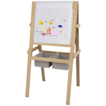 Aiyaplay Kids Easel With Paper Roll, 3 In 1 Art Easel For Toddlers, Double-sided Kids Whiteboard Blackboard With Storage Baskets For Ages 3-6 Years - Natural Wood Finish