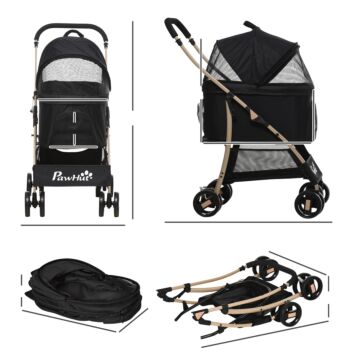 Pawhut Detachable Pet Stroller, 3-in-1 Dog Cat Travel Carriage, Foldable Carrying Bag With Universal Wheel Brake Canopy Basket Storage Bag, Black