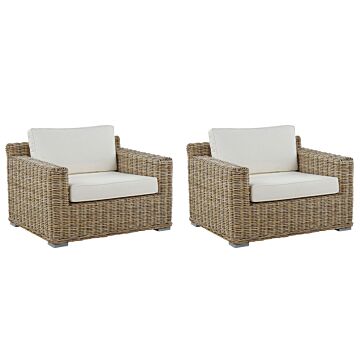 Set Of 2 Garden Armchairs Light Brown Rattan Wicker Outdoor 2 Chairs Set With White Cushions Beliani