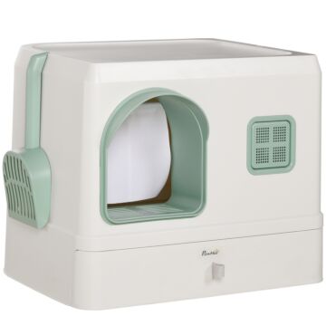 Pawhut Cat Litter Box With Drawer Pan, Hooded Cat Litter Tray With Scoop, Deodorants, Front Entrance, 50 X 40 X 40 Cm, White