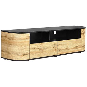 Tv Stand Light Wood And Black Manufactured Wood 2 Drawers Cable Management Hole Rustic Style Sideboard Beliani