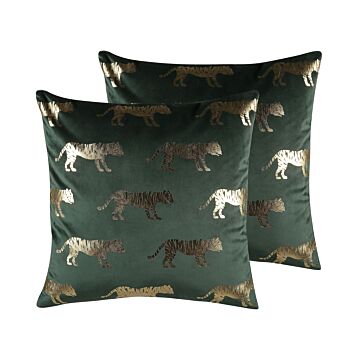 Set Of 2 Decorative Cushions Green Velvet Animal Foil Print 45 X 45 Cm Tiger Motif Modern Glamour Decor Accessories Beliani