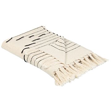 Throw Blanket Light Beige And Black Cotton 130 X 170 Cm Striped Pattern Accessory With Decorative Tassels Handmade Beliani