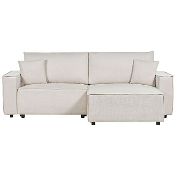Left Hand Corner Sofa Bed Beige Fabric Polyester Upholstered 3 Seater L-shaped Bed With Cushions Sleeping Function Modern Style Living Room Beliani