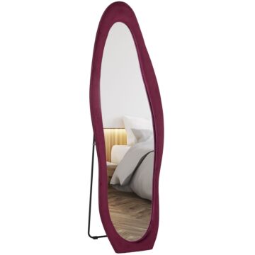 Homcom Arched Full Length Mirror, Irregular Wavy Mirror, 160 X 50cm Free Standing/leaner/wall Mirror With Velvet Frame For Living Room, Bedroom, Wine Red