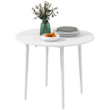 Homcom Folding Dining Table, Round Drop Leaf Table, Space Saving Small Kitchen Table With Wood Legs For Dining Room, White