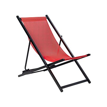 Folding Deck Chair Red Textilene Sling Seat Beach Chair Adjustable Backrest Patio Recliner Beliani