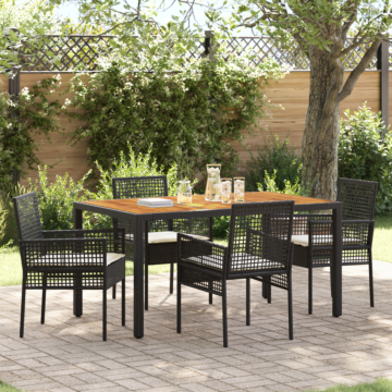 Vidaxl 5 Piece Garden Dining Set With Cushions Black Poly Rattan