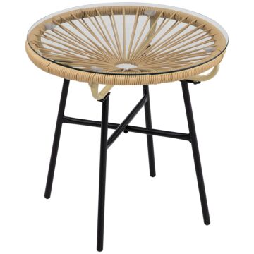 Outsunny Rattan Side Table, Round Outdoor Coffee Table, With Round Pe Rattan And Tempered Glass Table Top For Patio, Garden, Balcony, Black