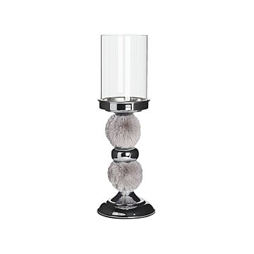 Candle Holder Silver Metal Pillar With Grey Faux Fur Glass Shade 38 Cm Accent Piece Decoration Table Centrepiece Beliani
