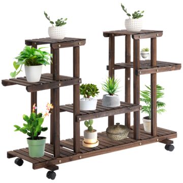 Outsunny 4-tier Floor-standing Flower Rack Wood Plant Stand For Indoor & Outdoor Garden Balcony W/ Wheels & Handle 123.5l X 33w X 80h Cm, 8 Pots