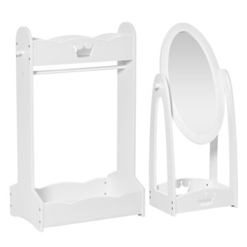 Homcom Kids Clothes Rail And Mirror Set 360° Rotation Free Standing Full Length Mirror And Hanging Rack With Storage Shelves Dressing Mirror White
