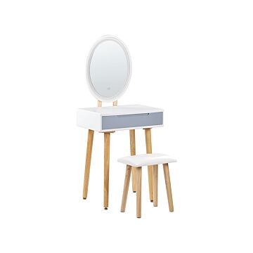 Dressing Table Set White And Grey Manufactured Wood Top Wooden Legs Round Led Mirror Beliani