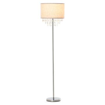 Homcom Modern Steel Floor Lamp With Crystal Pendant Fabric Lampshade Floor Switch, Home Style Standing Light, Silver And Cream White