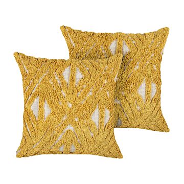 Scatter Cushions Yellow Cotton Slub 45 X 45 Cm Geometric Pattern Tufted Embroidered Removable Covers With Filling Boho Style Beliani
