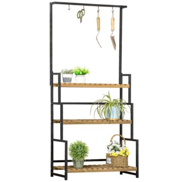 Outsunny 3 Tiered Plant Stand With Hanging Hooks, Flower Rack Shelf For Indoor Outdoor Porch Balcony Living Room Bedroom