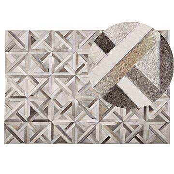 Rectangular Area Rug Beige And Brown Cowhide Leather 140 X 200 Cm Patchwork Geometric Pattern Retro Beliani