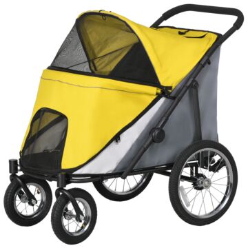 Pawhut Foldable Pet Stroller With Washable Cushion, Storage Bags, Safety Leash For Medium And Large Dogs Cats Travel, Yellow