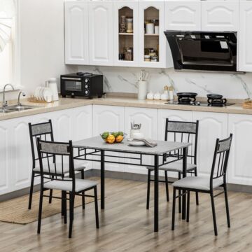 Homcom 5 Pieces Dining Room Sets, Modern Dining Table And Chairs Set 4 With Marble Effect Tabletop, Padded Kitchen Chairs And Metal Frame, Light Grey