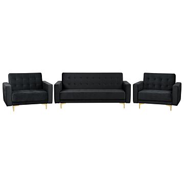 Living Room Set Black Velvet Tufted Fabric 3 Seater Sofa Bed 2 Reclining Armchairs Modern 3-piece Suite Beliani
