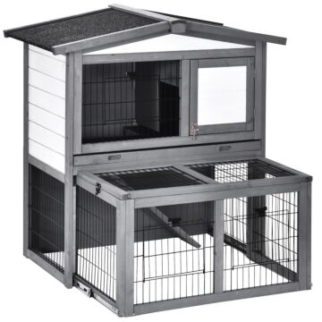 Pawhut 2 Tier Wooden Rabbit Hutch Small Animal Cage Slide Out Tray Ramp Outdoor Run Openable Roof Grey 101.5 X 90 X 100 Cm