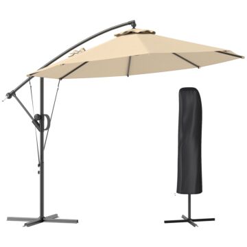 Outsunny 3(m) Garden Cantilever Parasol With Cover And Wind Protection Strap, Round Overhanging Umbrella With Crank Handle And Tilt, Banana Patio Umbrella For Outdoor Sun Shade, Upf50+, Khaki