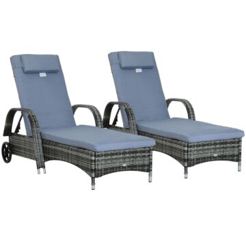 Outsunny 2pc Rattan Sun Lounger Recliner Bed Reclining Chair Patio Garden Outdoor Wicker Weave Adjustable Headrest With Fire Retardant Cushion – Grey
