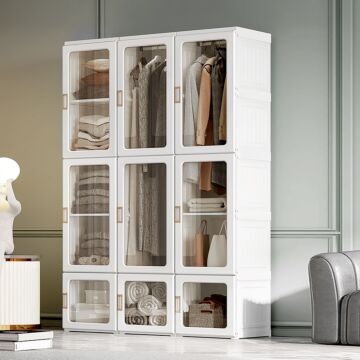 Homcom Portable Clothes Wardrobe For Bedroom, Foldable Clothes Organiser With Cube Storage, Hanging Rods, Magnet Doors, White