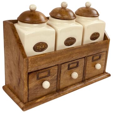 Three Ceramic Canisters With Wooden Drawers