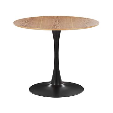 Dining Table Light Wood With Black Mdf Top Metal Base 90 Cm Industrial Round Kitchen Table Beliani