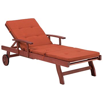 Garden Sun Lounger Light Acacia Wood With Red Cushion Adjustable Backrest Inbuilt Castors Rustic Style Beliani
