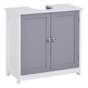 Kleankin Vanity Unit Under Sink Bathroom Storage Cabinet W/ Adjustable Shelf Handles Drain Hole Cabinet Space Saver Organizer 60x60cm - White & Grey